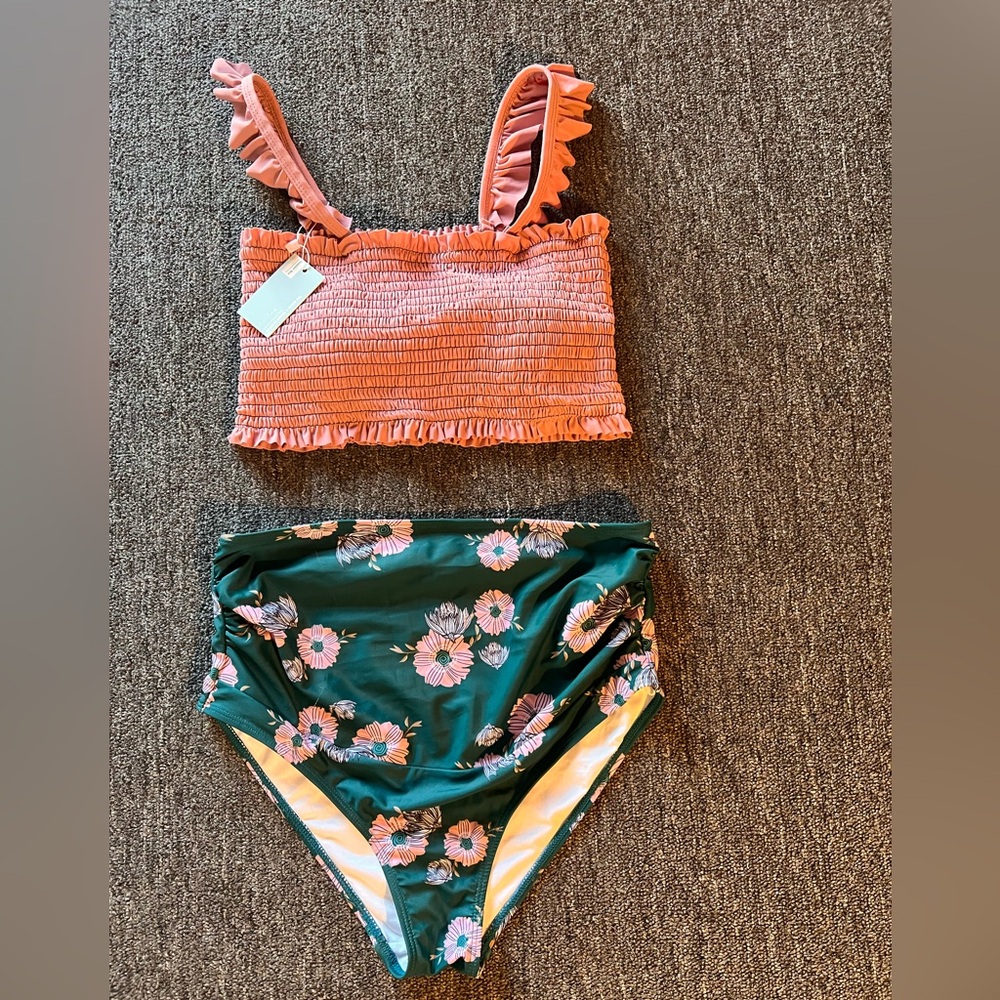 Ruffled Pink and Floral Green Maternity Bikini Set NWT